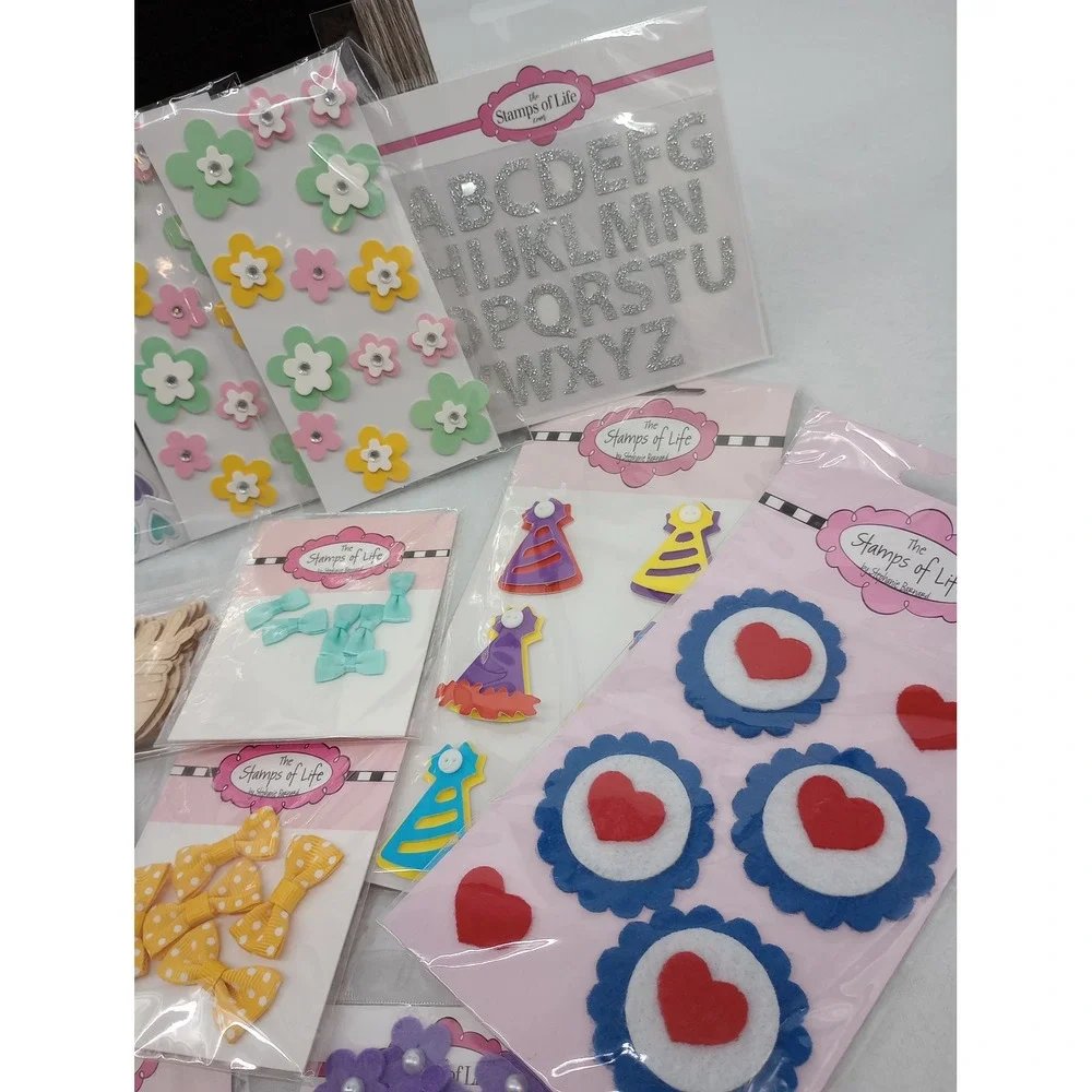 Stamps of Life Craft Embellishment Lot Multicolor Stickers Bows Felt Chipboard